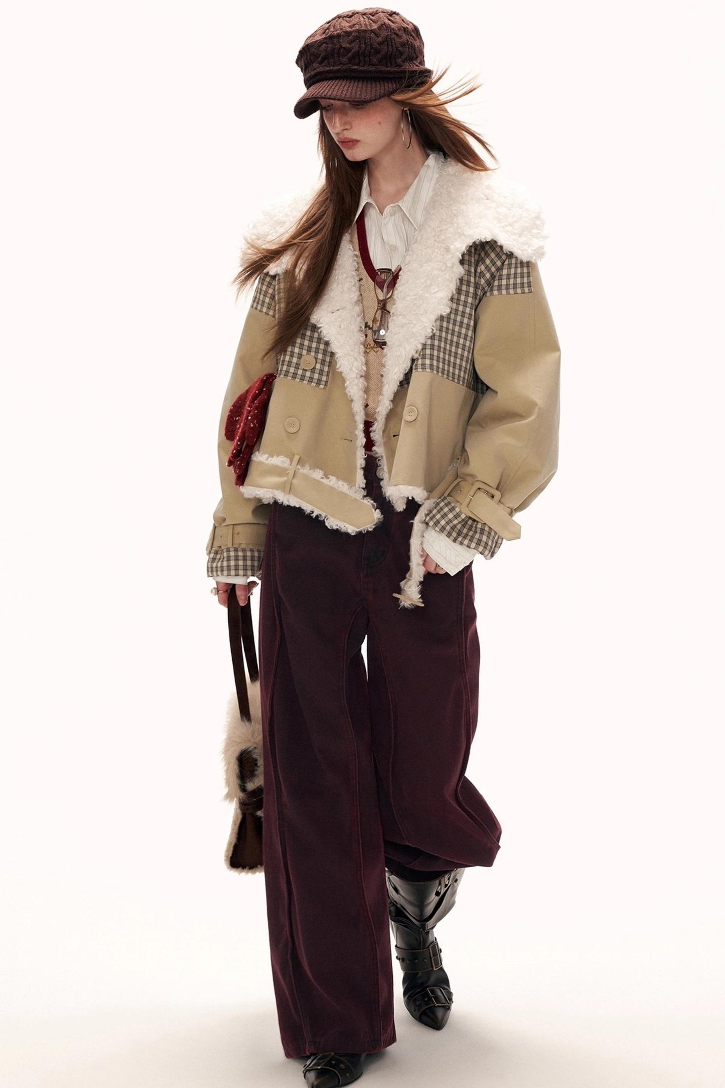 Plaid Fur Collar Large Lapel Jacket