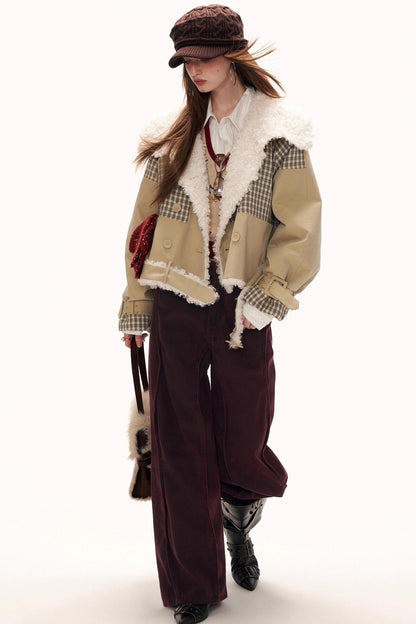 Plaid Fur Collar Large Lapel Jacket