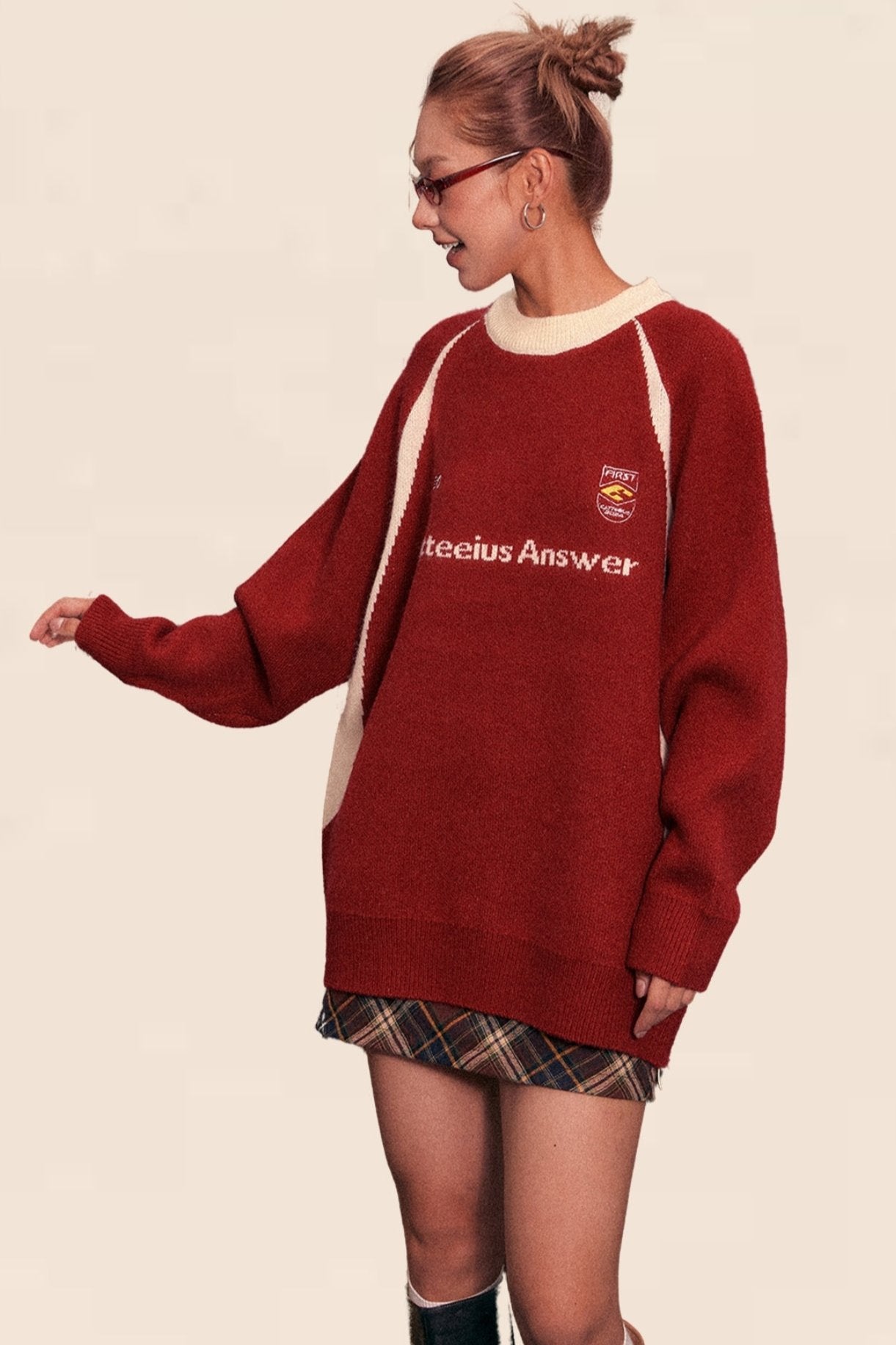 American Retro Raglan Sleeve Crew Neck Sweater