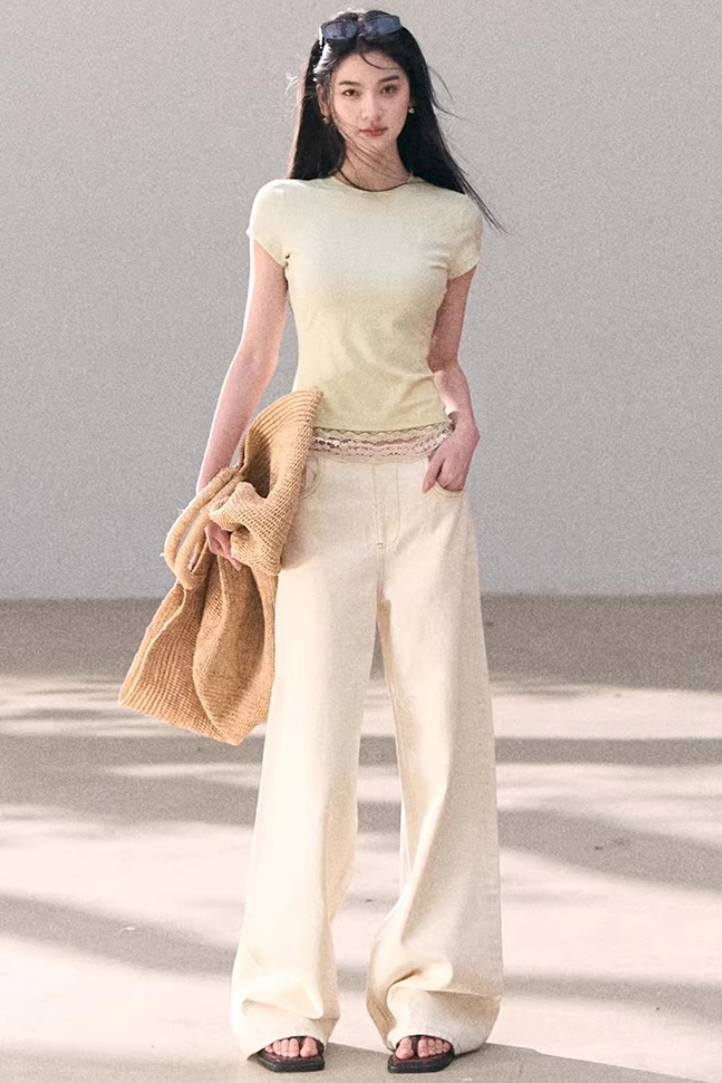 Washed Wide-Leg Lace Pants