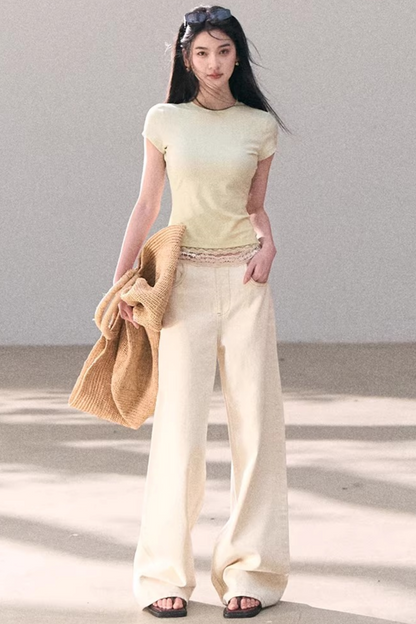 Washed Wide-Leg Lace Pants