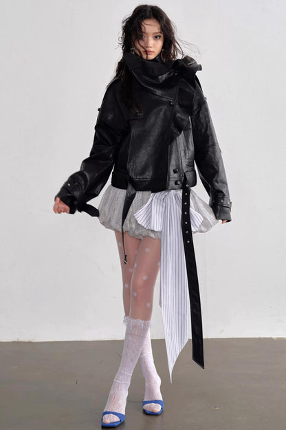 Three-Dimensional Ruffled Faux Leather Jacket