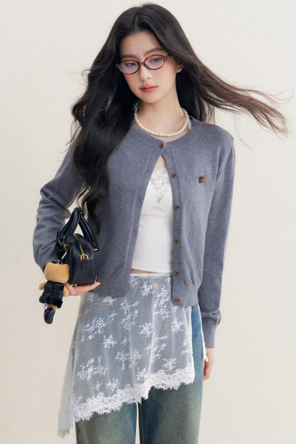 Lazy Grey Flower Knitted Cardigan