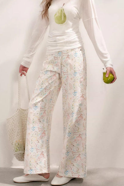White Floral Wide-Leg Jeans