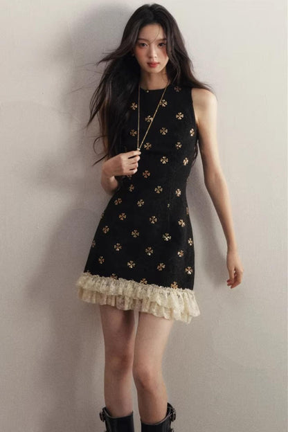 Gold Sequin Tweed Winter Short Coat Set-Up