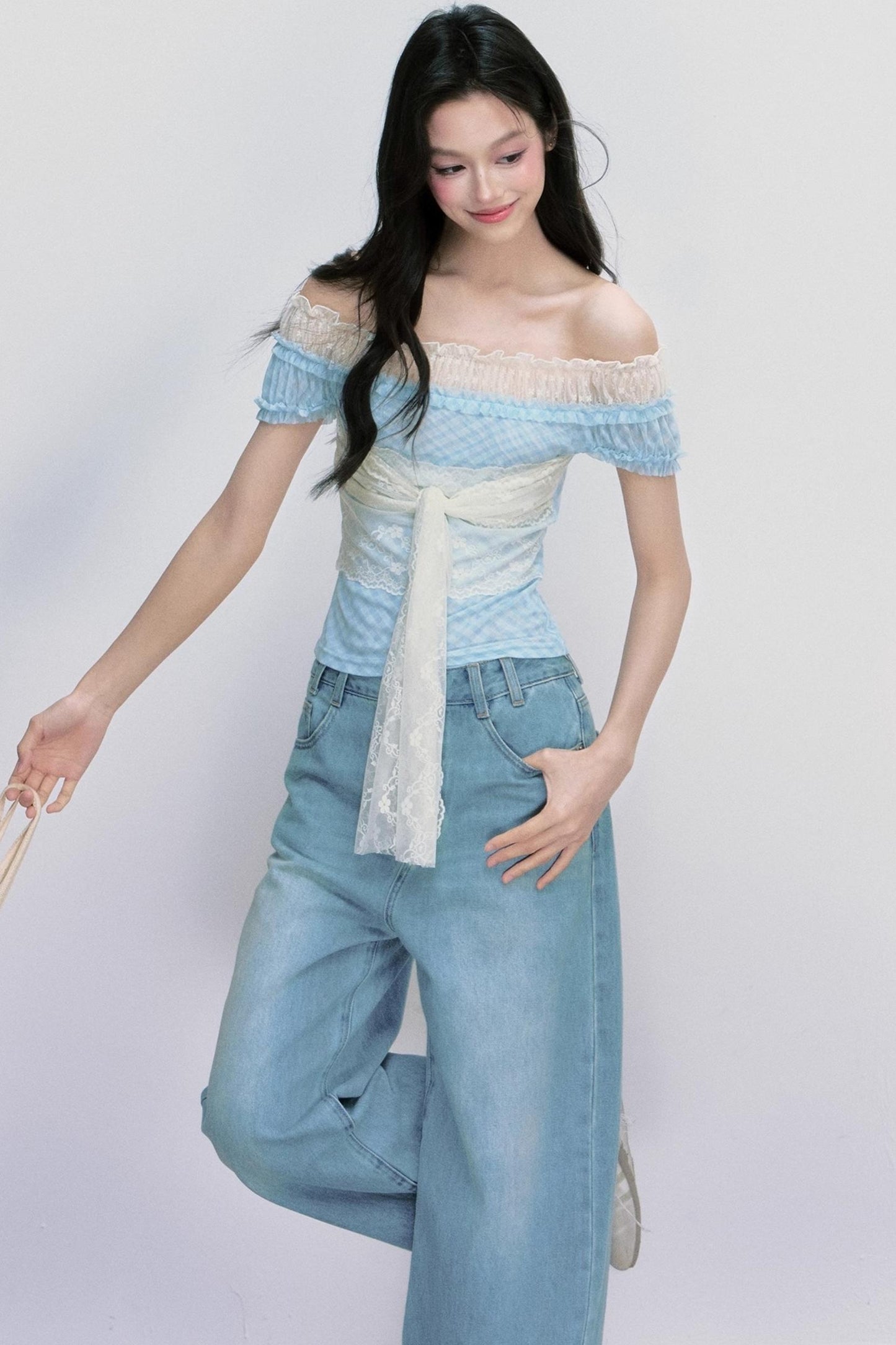 Strap Detail Off-Shoulder Lace Blouse