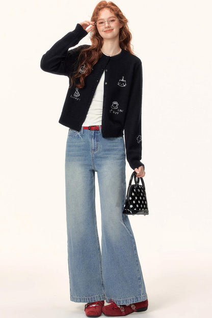 Childlike Embroidery Knit Cardigan