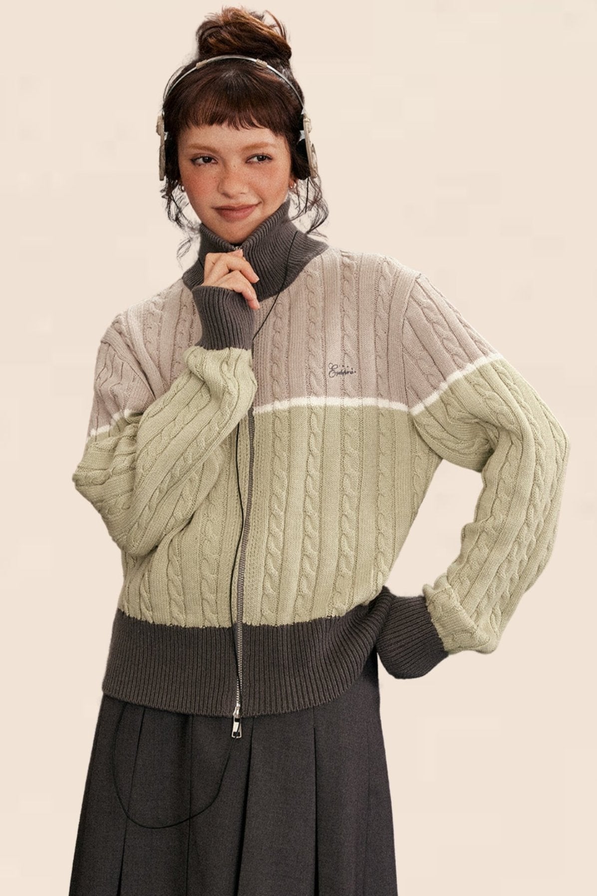 Retro Twist Turtleneck Knitted Cardigan