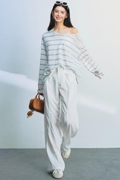 Blue Striped Bag-Up T-Shirt
