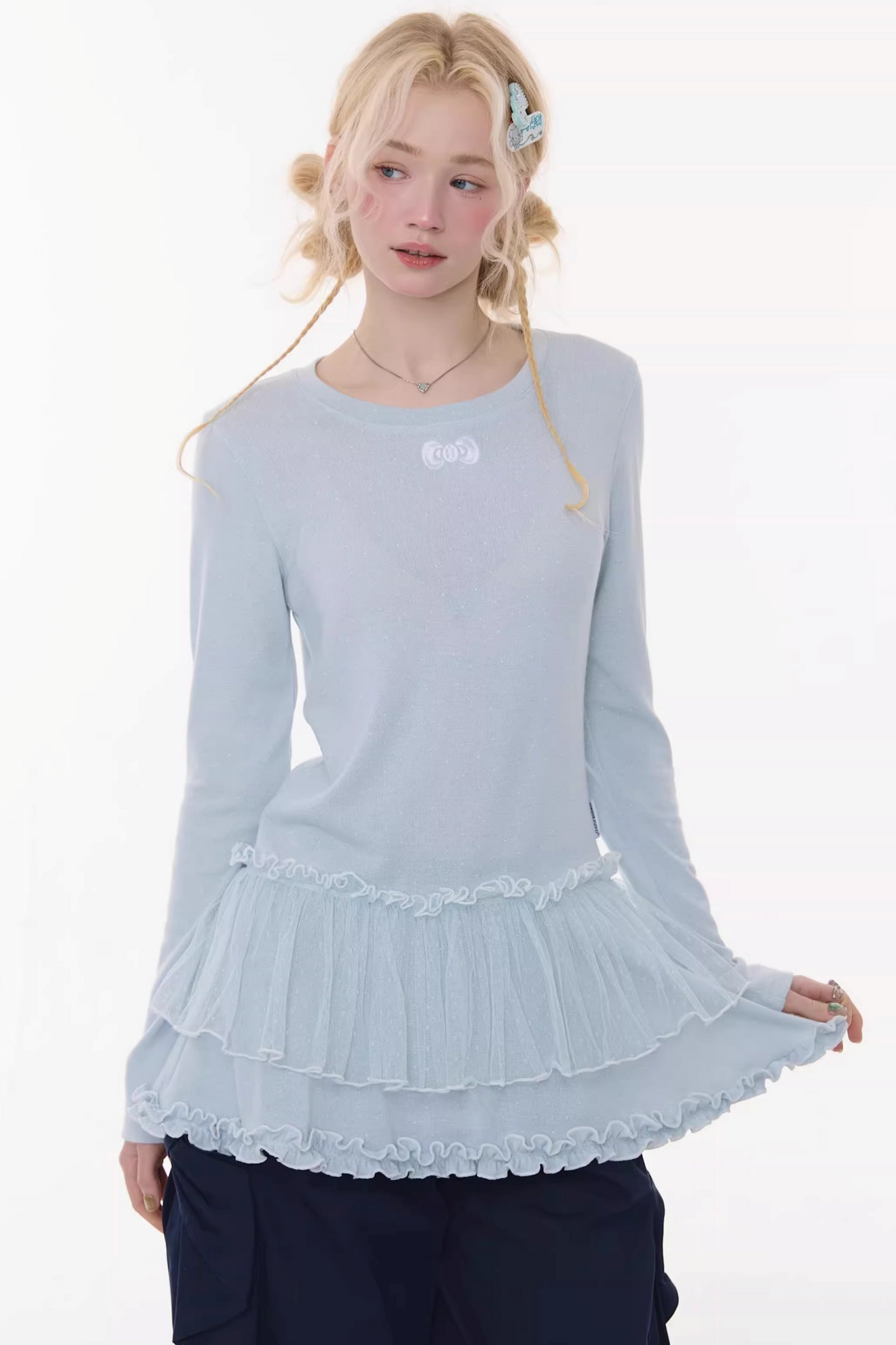 Lace Pleated Polka Dot Top