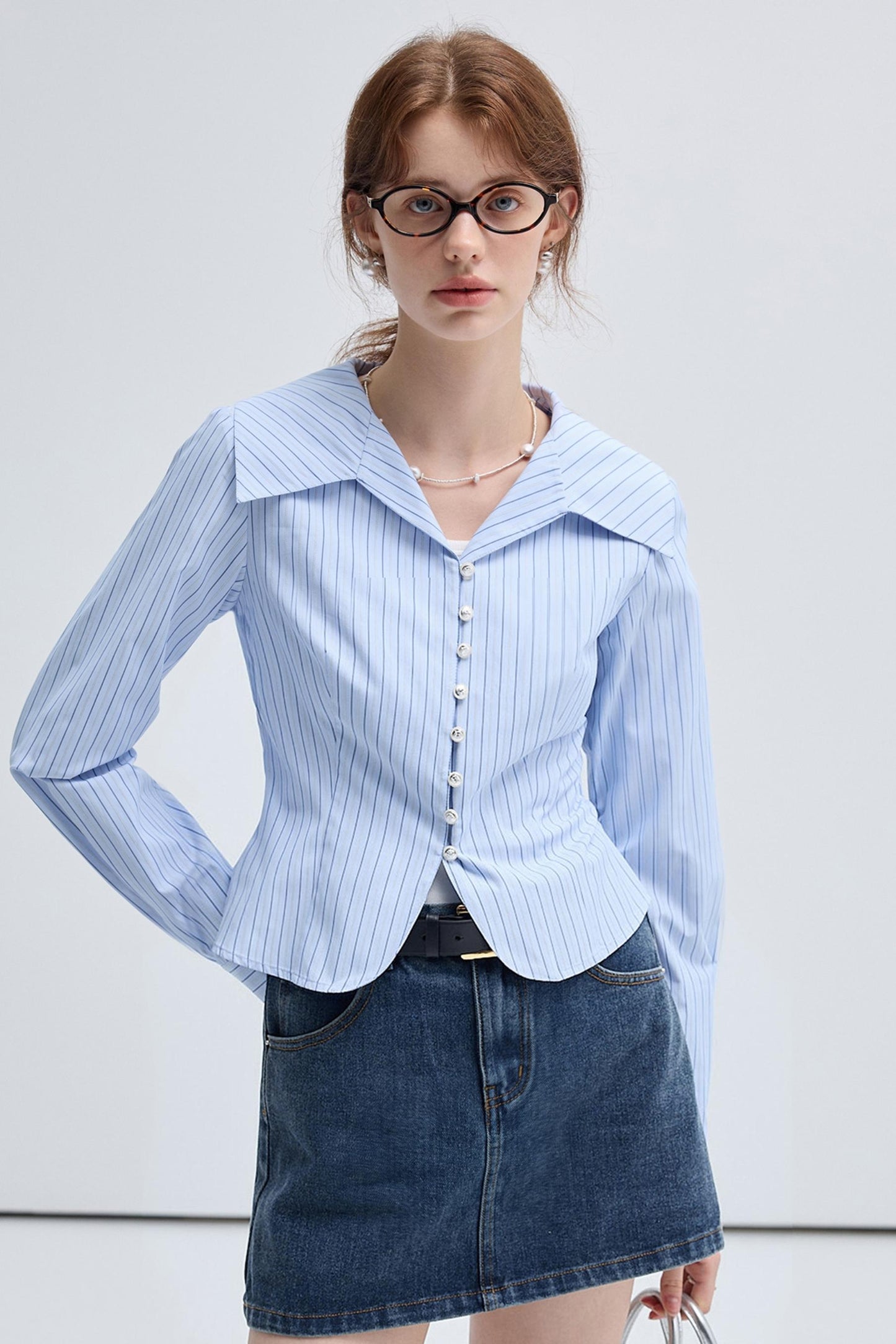 Spring Fall Blue Stripe Waist Shirt