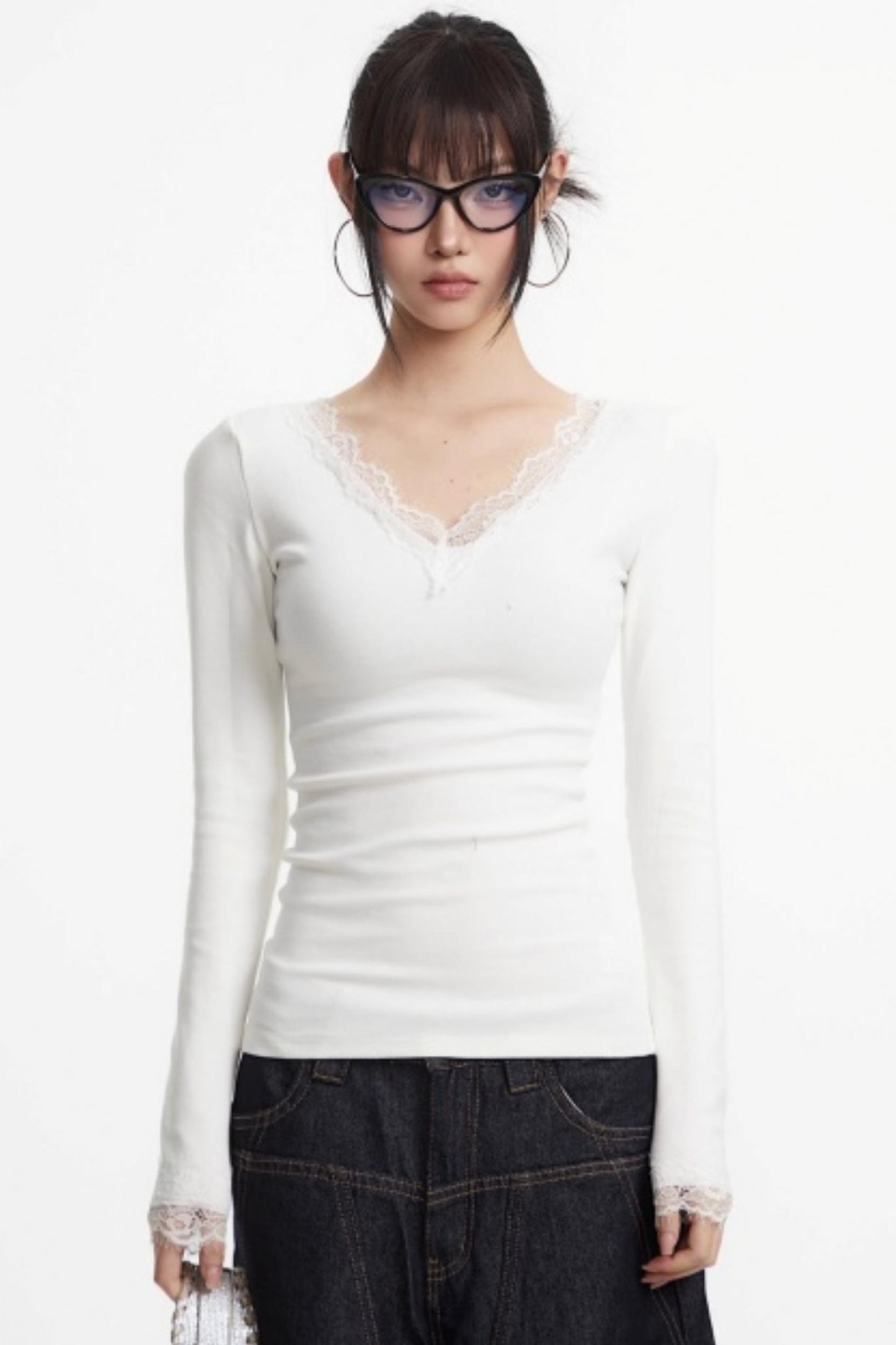 White Lace-Trimmed V-Neck Top