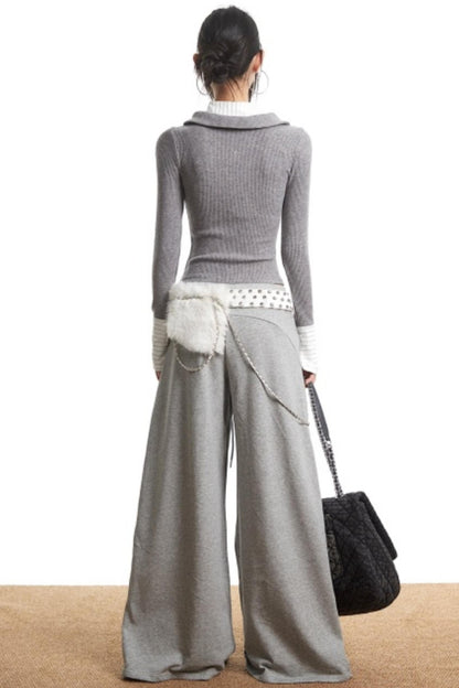 Retro Gray Fake Two-Piece Top