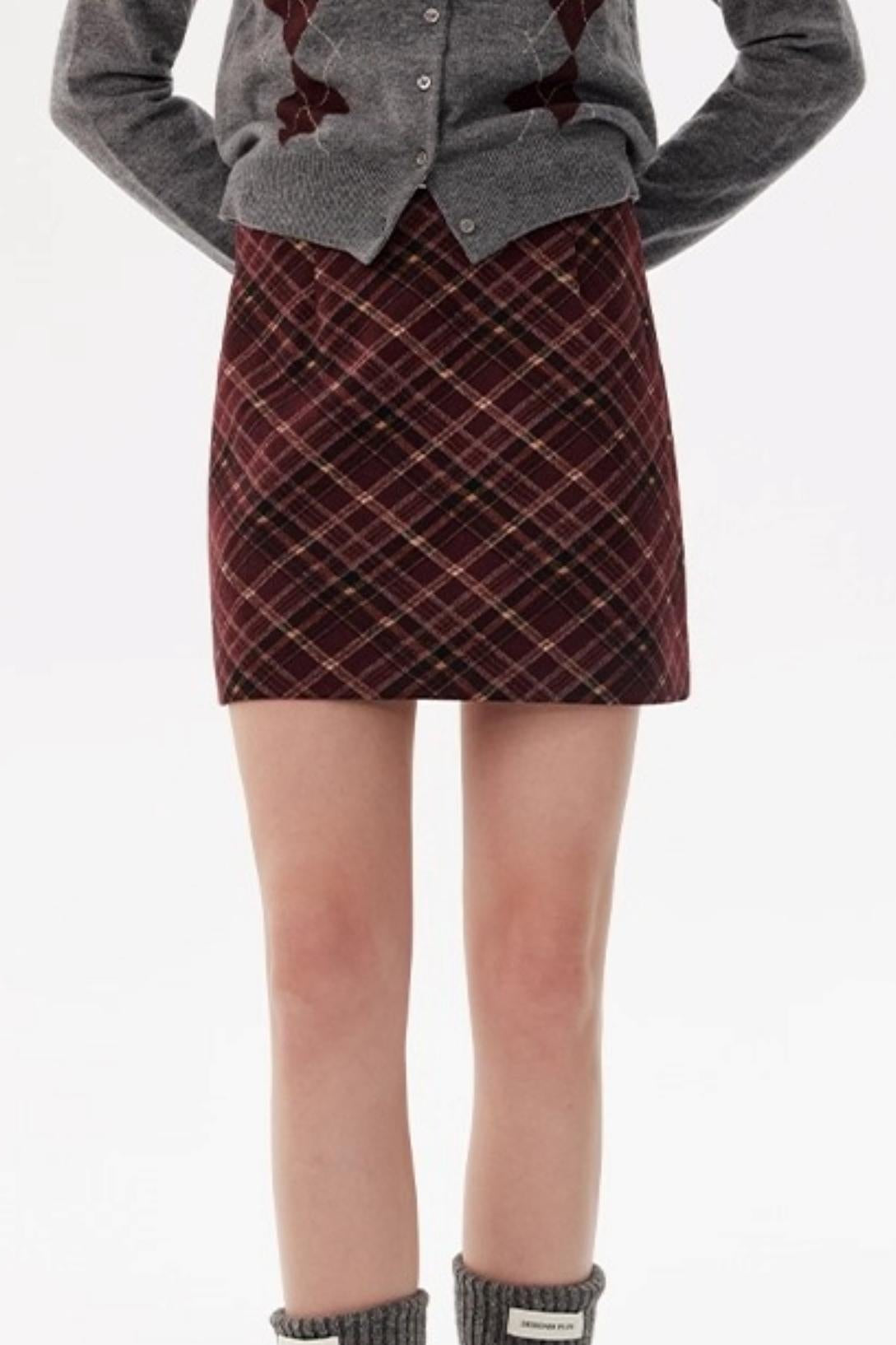 Vintage Red Plaid Woolen A-Line Skirt