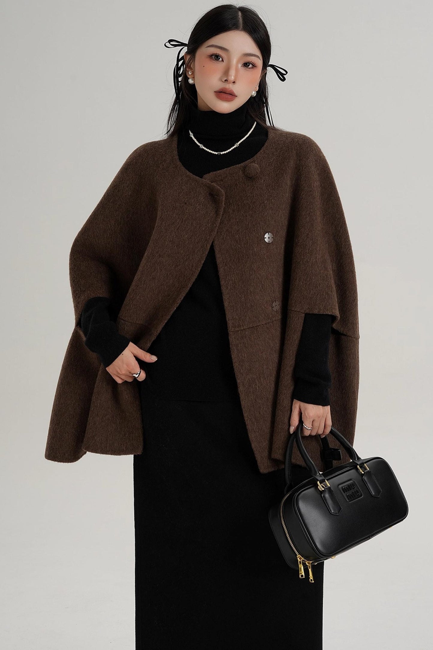 Elegant Fox Fur Wool Cape Coat