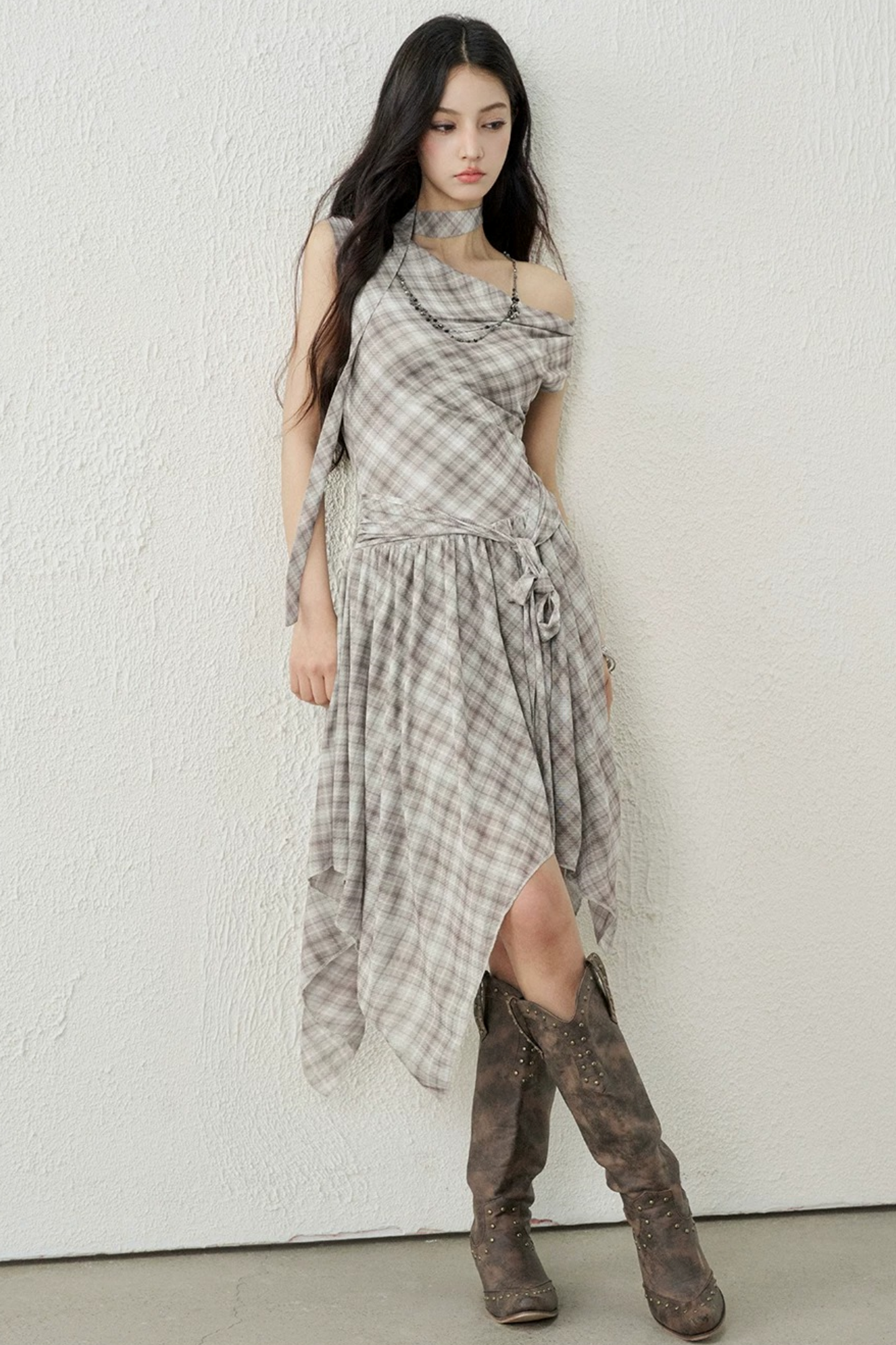 Plaid Irregular-Hem Dress