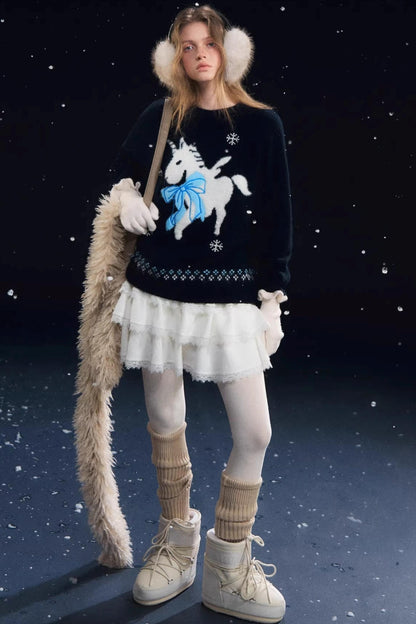 Lace Spliced Velvet Skirt