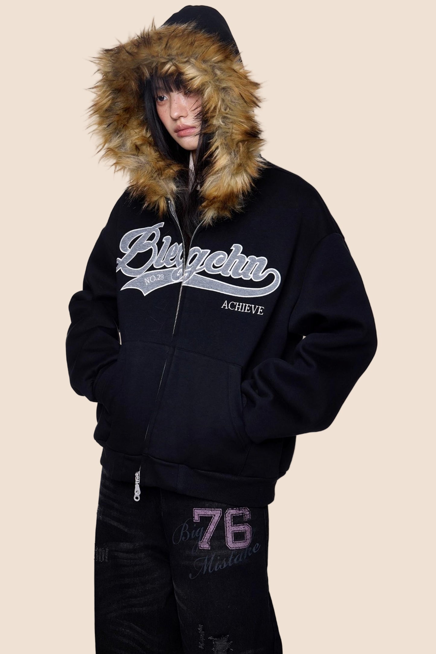 Embroidered Fur Collar Hooded Cardigan