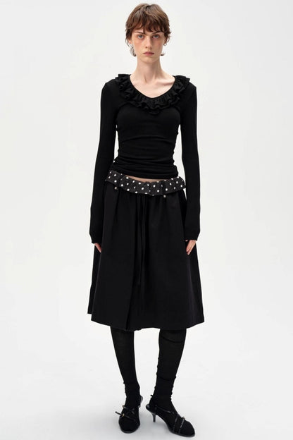 Drape Patchwork Polka Dot Waist Drawstring Skirt