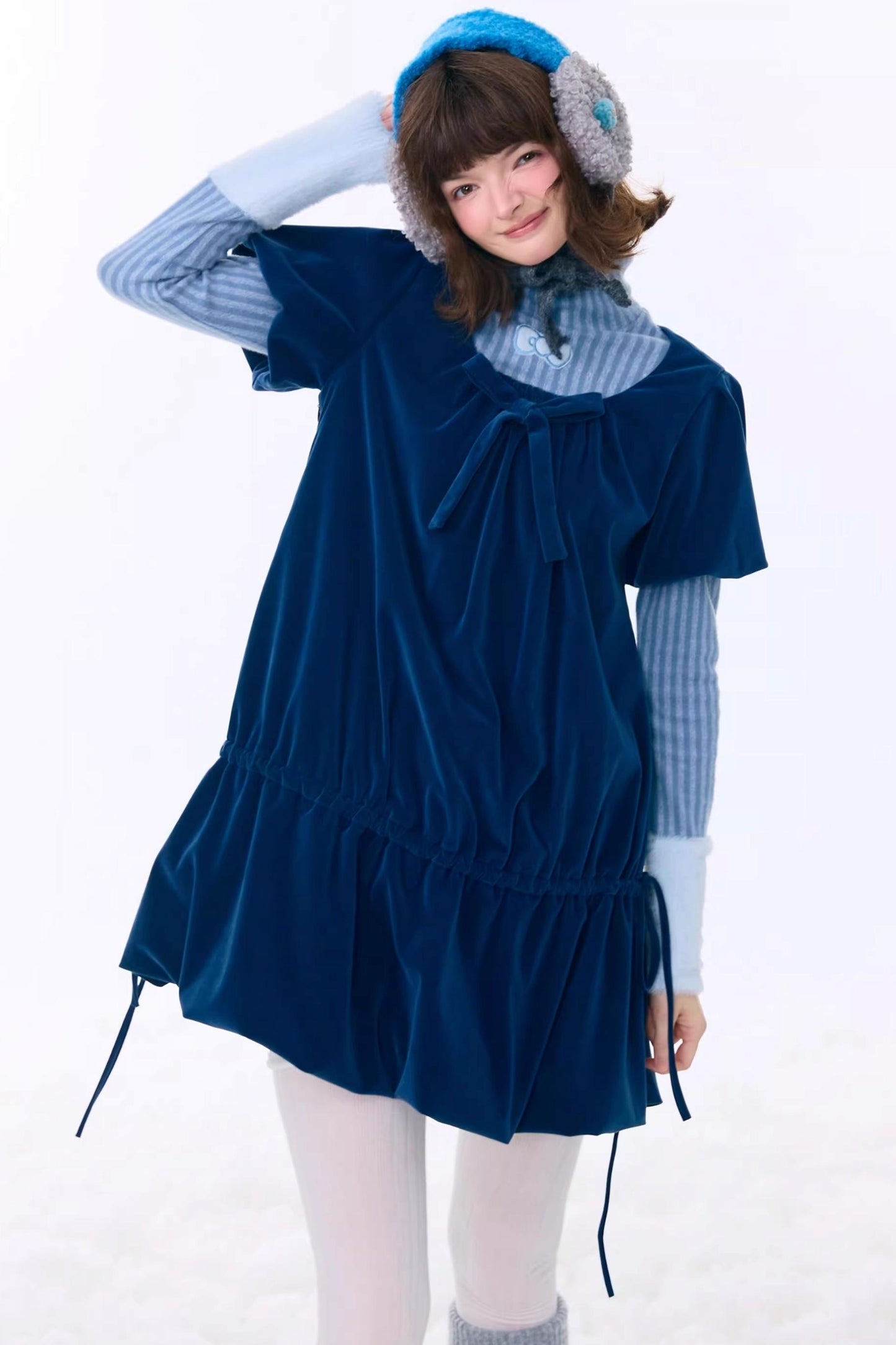 Deep Blue Velvet Bow Dress