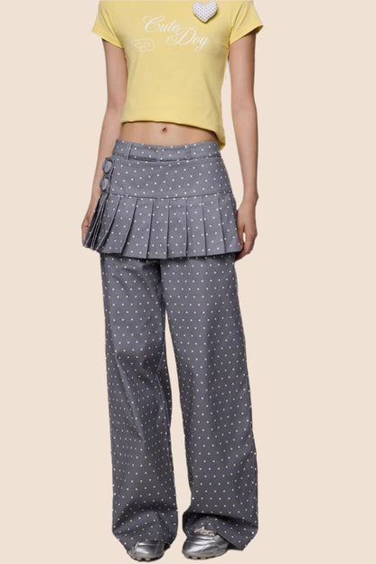 Gray And Yellow Polka Dots Pleated Skirt-Pants Set