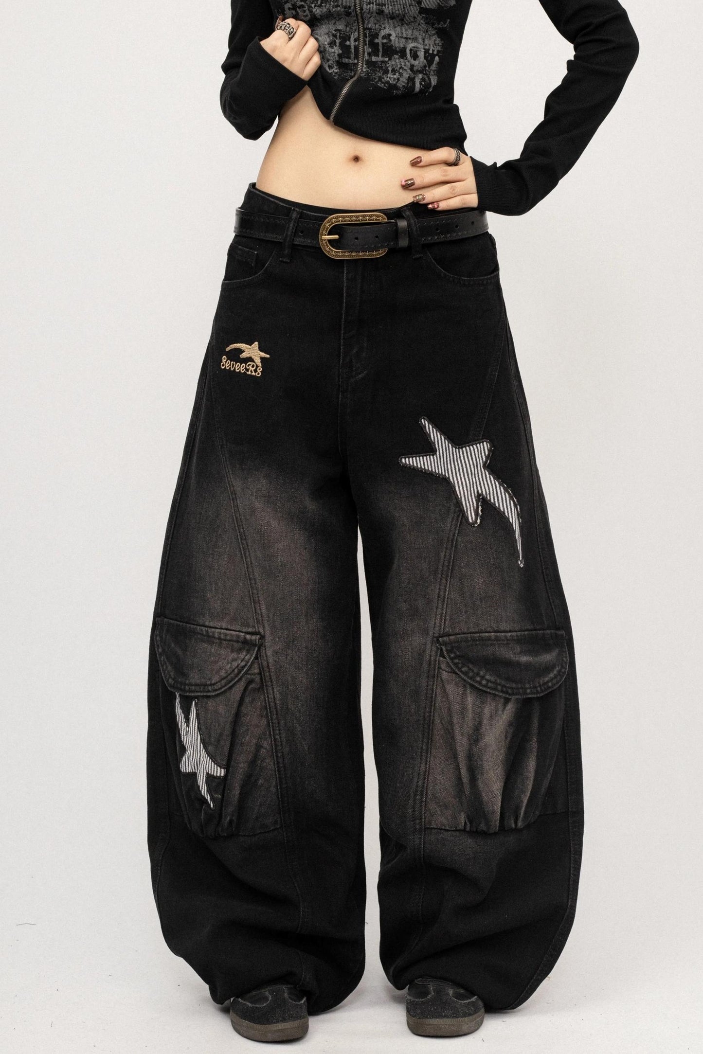 Vintage Distressed Star Embroidered Wide-Leg Cargo Pants