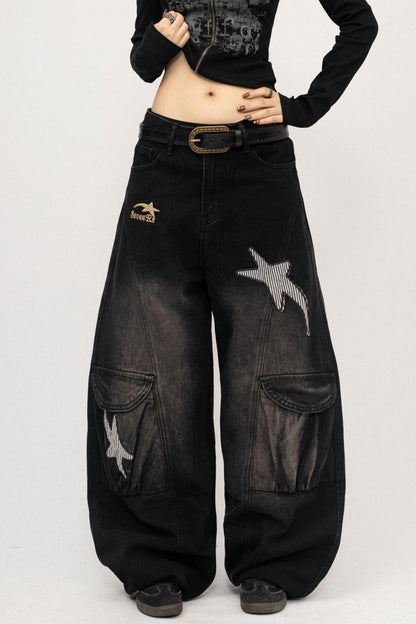 Vintage Distressed Star Embroidered Wide-Leg Cargo Pants