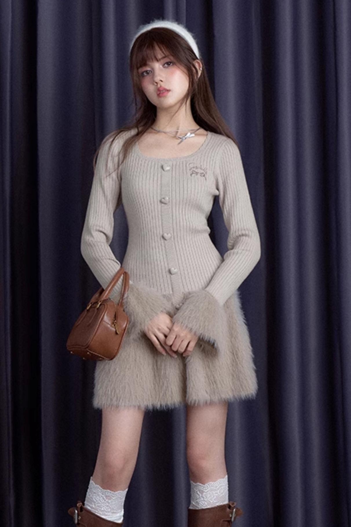 Sweet Knitted Fur Skirt Dress