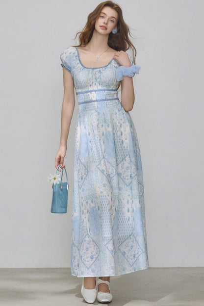 Puff Sleeves Waist Slim Long Dress