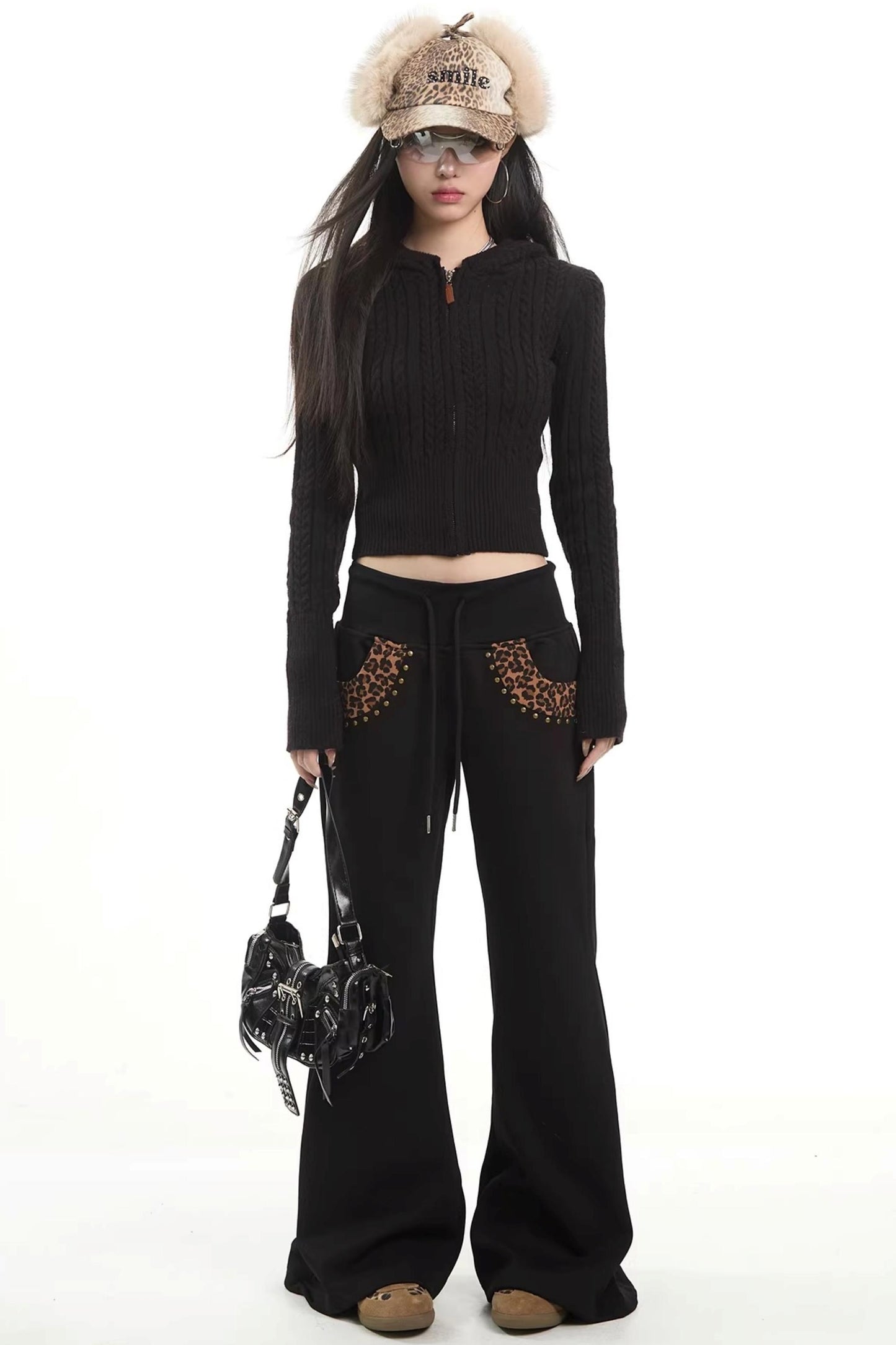 Leopard Print Patchwork Flared Pants