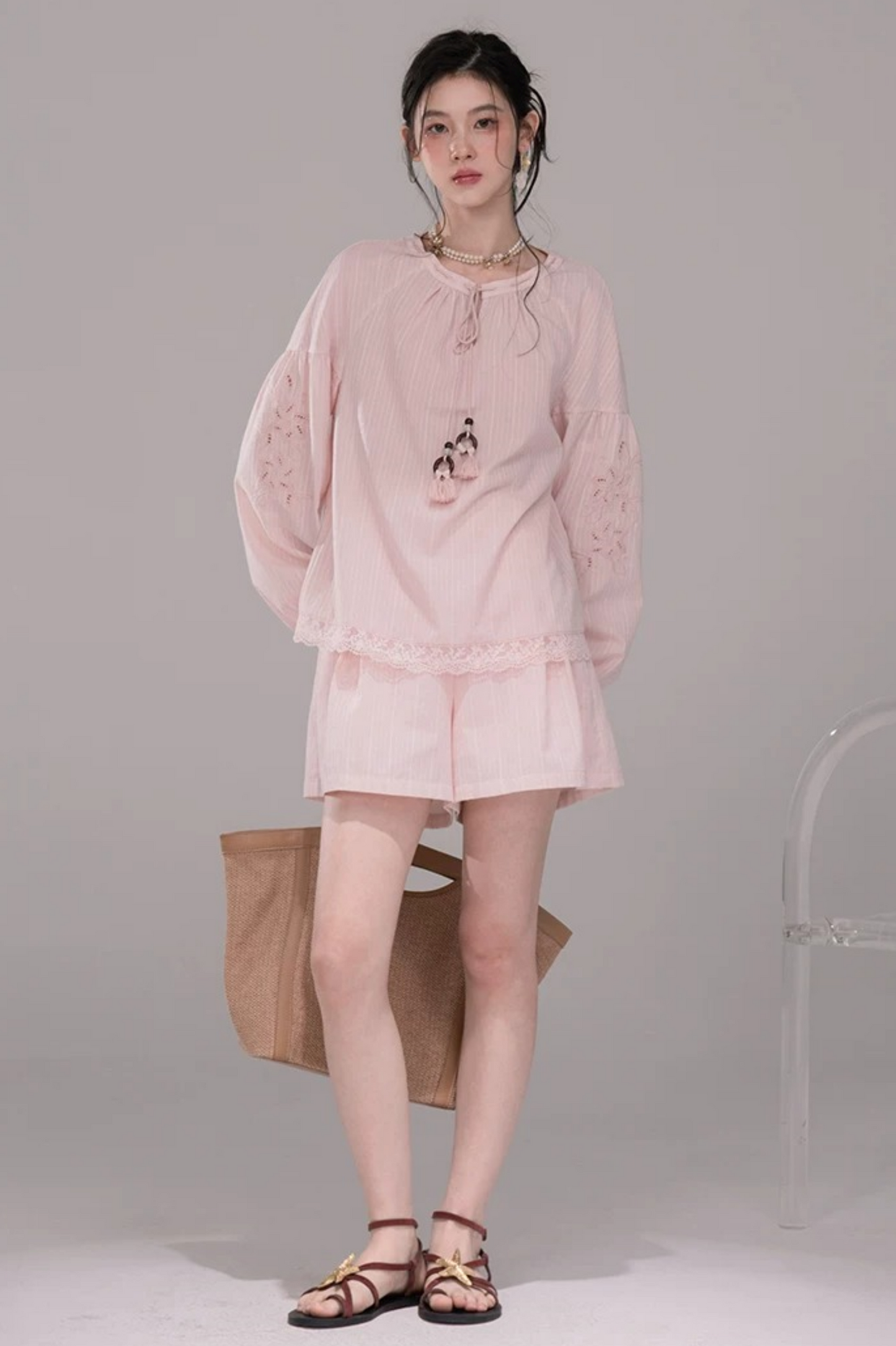 Completo Camicia a Righe Rosa Pesca
