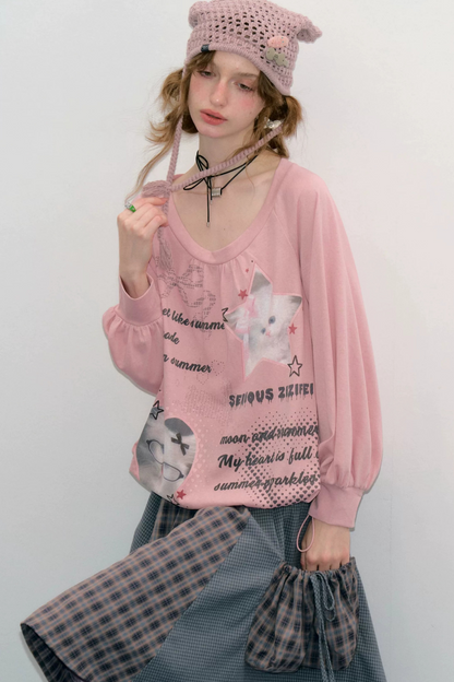 Pink Cat Print Lantern Sleeve Top