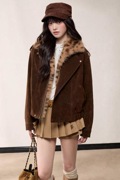 Leopard Print Fur Collar Jacket