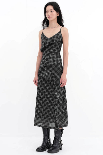 Black Plaid Mesh Halter Dress