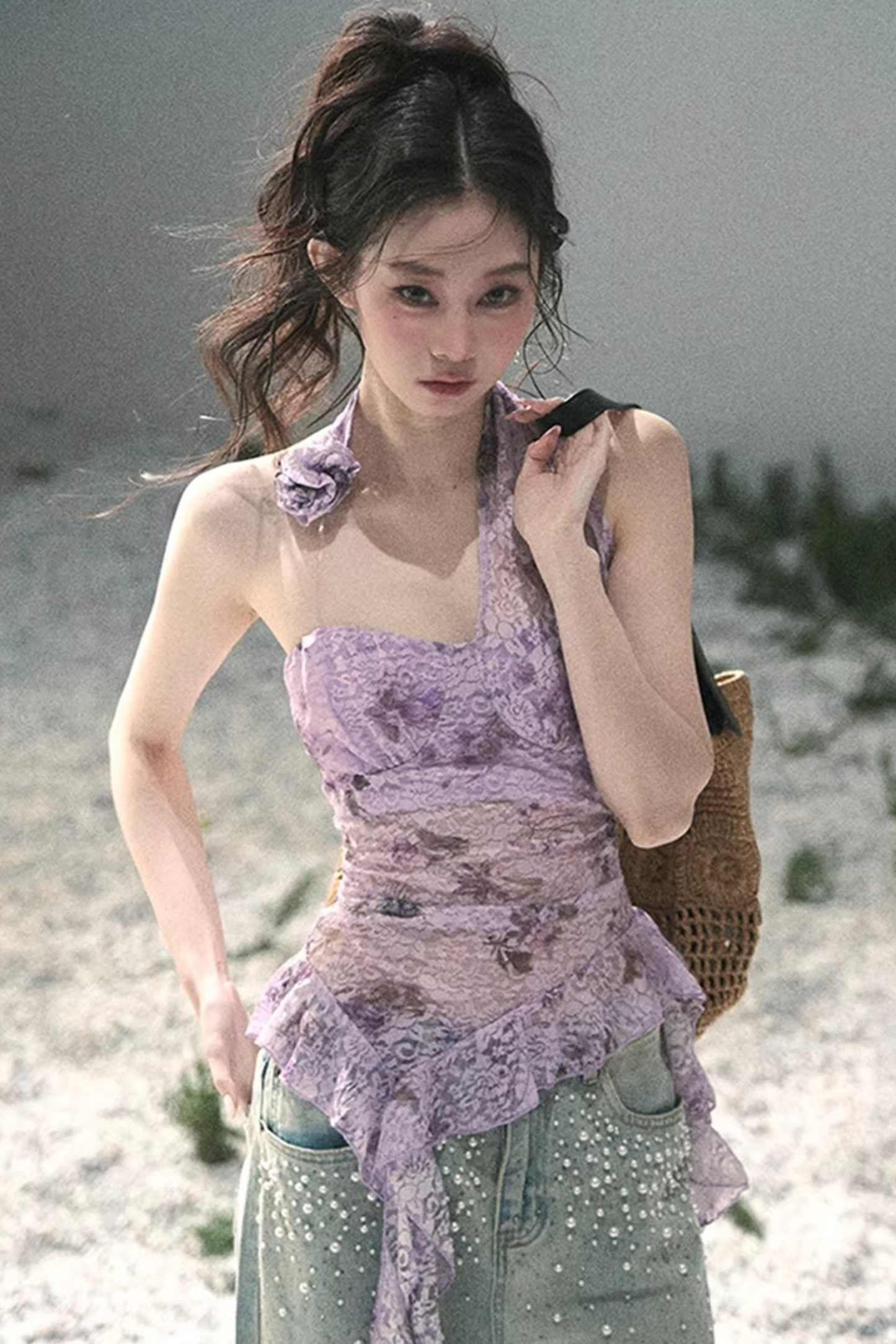 자주색 바우히니아 리본 탑