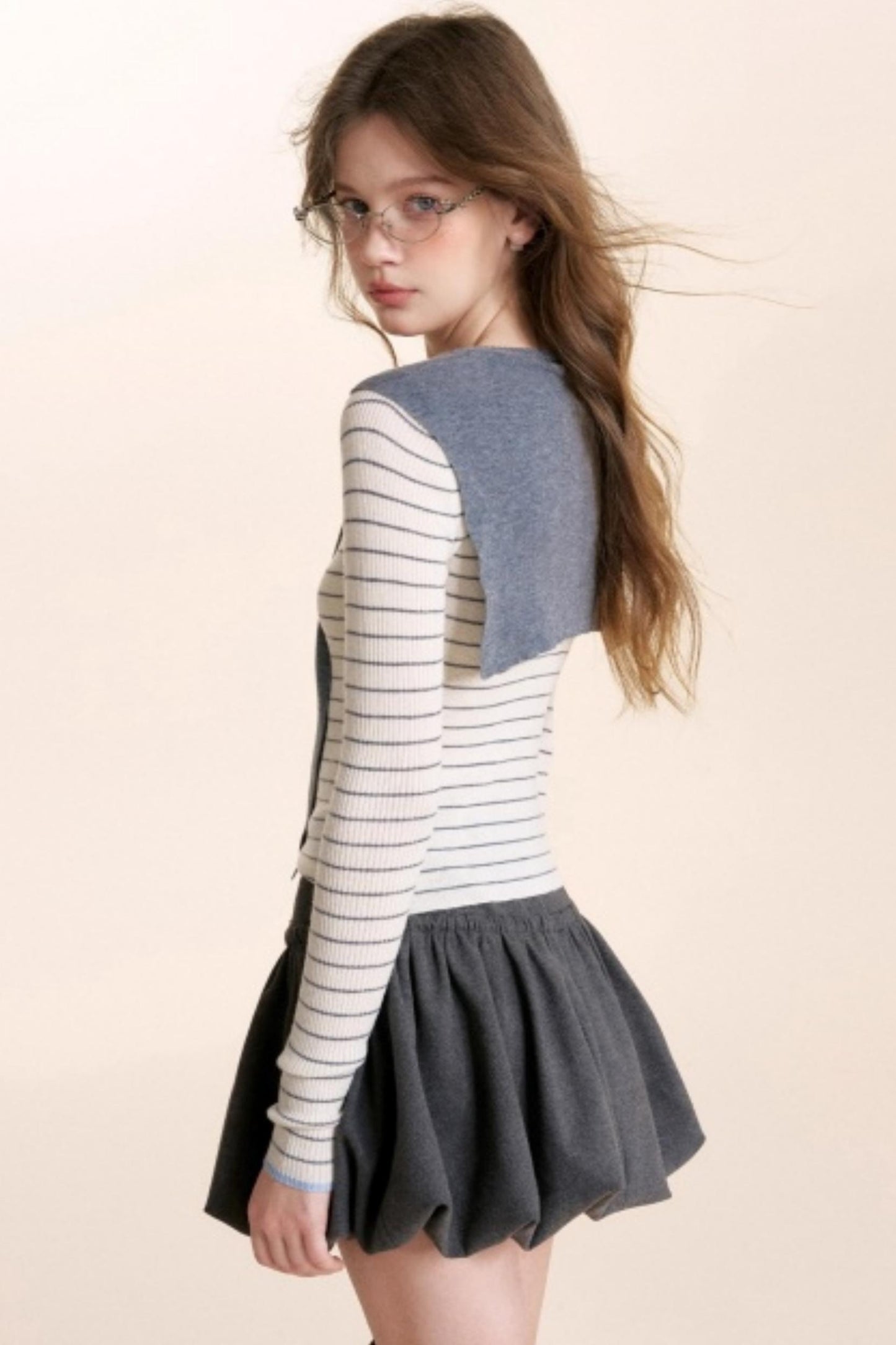 Color-Blocked Woolen Puff Skirt