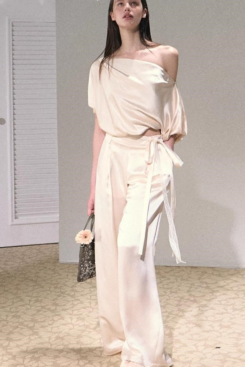 Acetate Bud Slanted Shoulder Top & Pants Set-Up