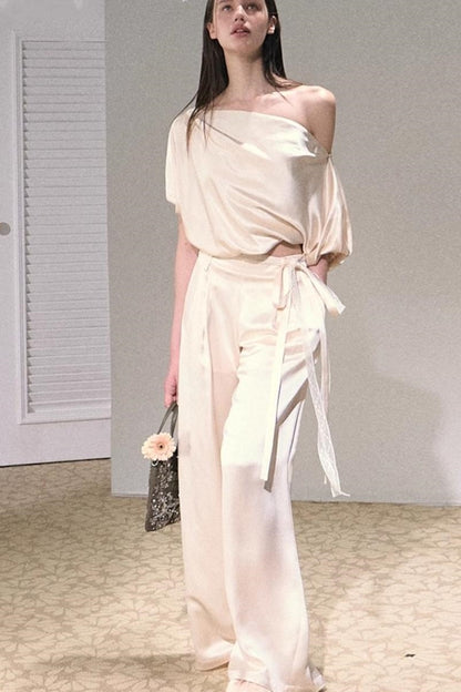 Acetate Bud Slanted Shoulder Top & Pants Set-Up