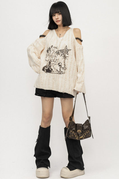 Hole Design Slope Shoulder T-Shirt