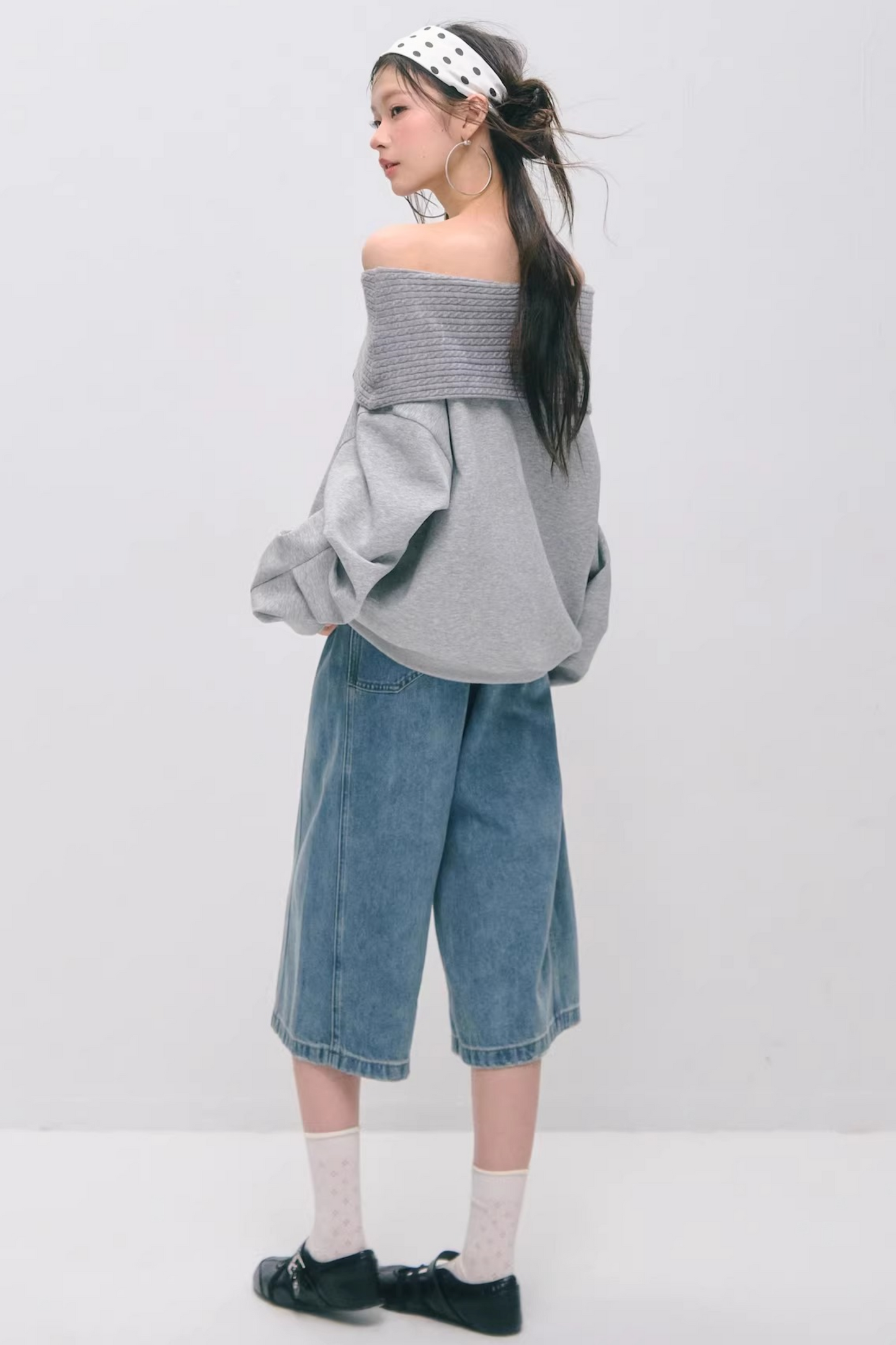 One-Line Collar Patchwork Sweater