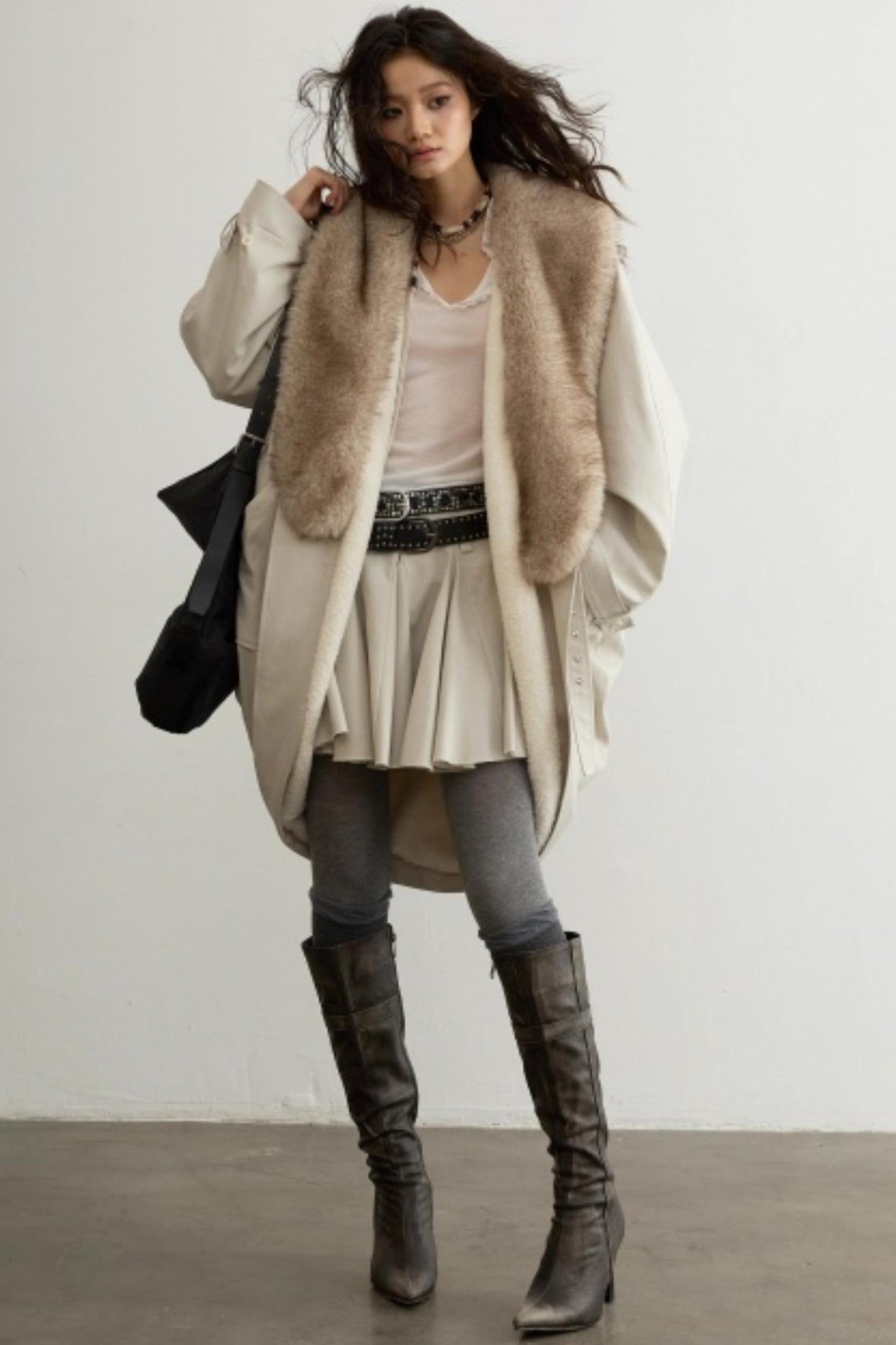 Retro Distressed Fur Collar Jacket Set-Up