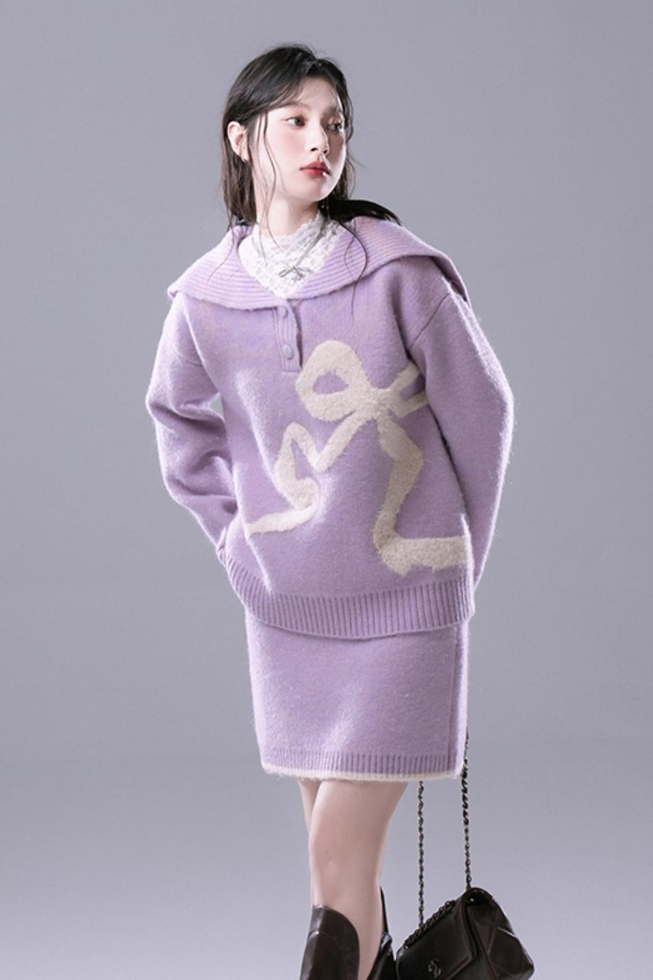 Grape Purple Bow Jacquard Sweater Set-UP