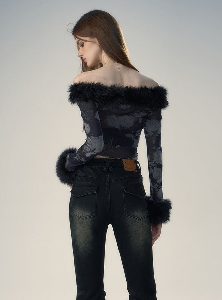 Fur collar long sleeve T-shirt