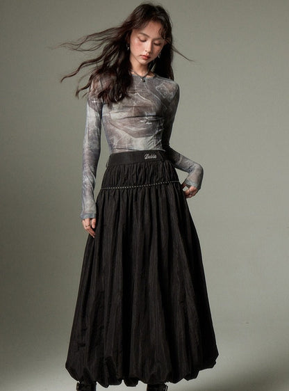 SOLID COLOR STUD BLACK A-LINE LONG SKIRT