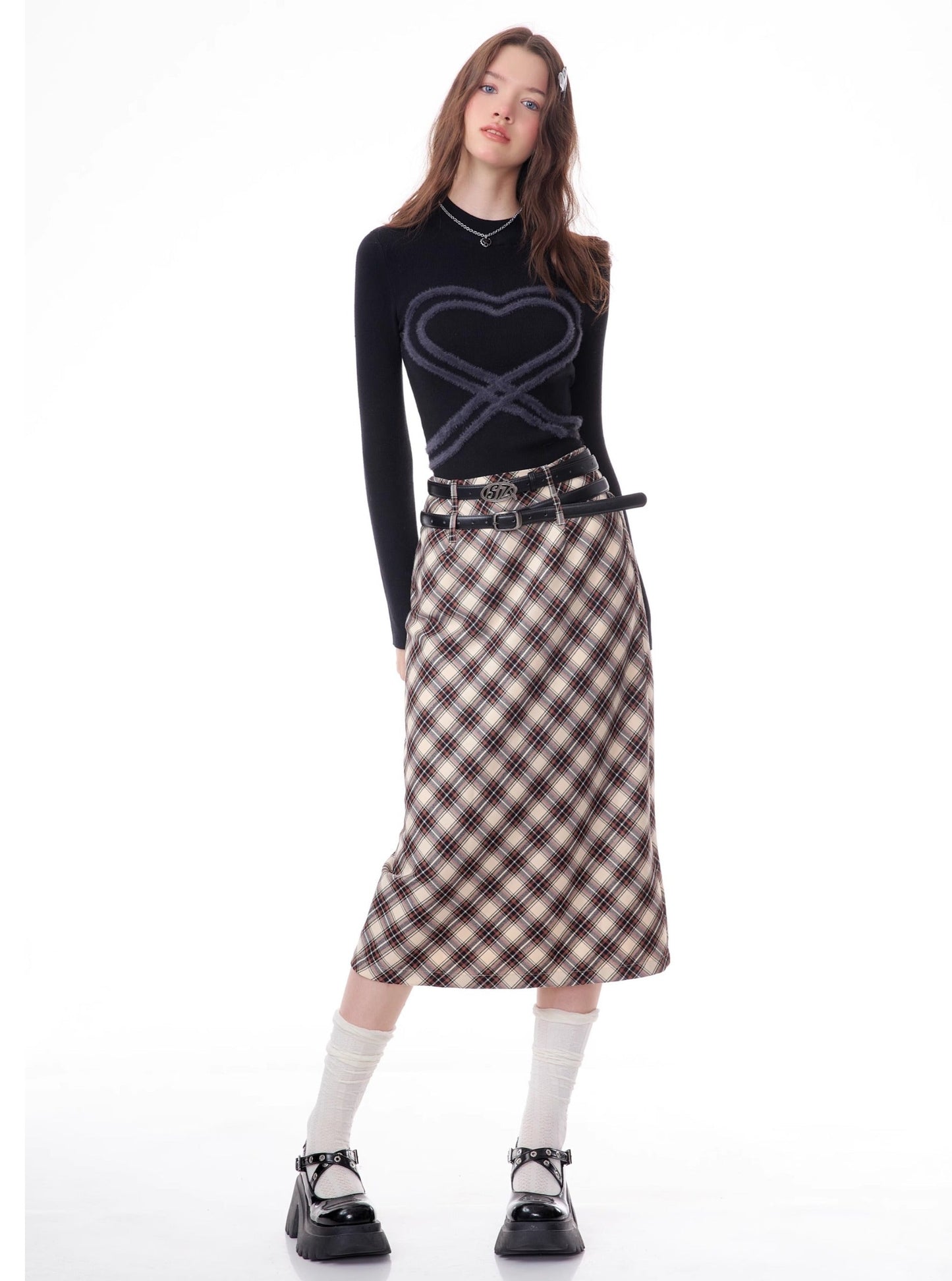 American high-waisted a-line midi plaid skirt