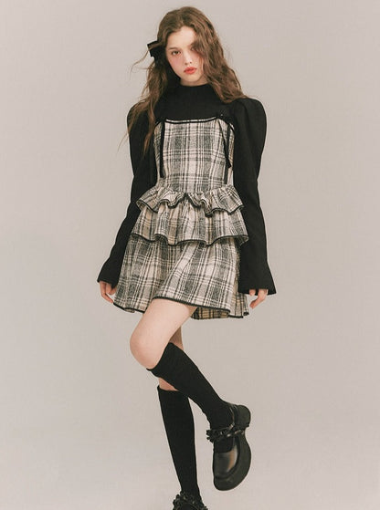 Plaid Cake Skirt Fake Two-piece Dress