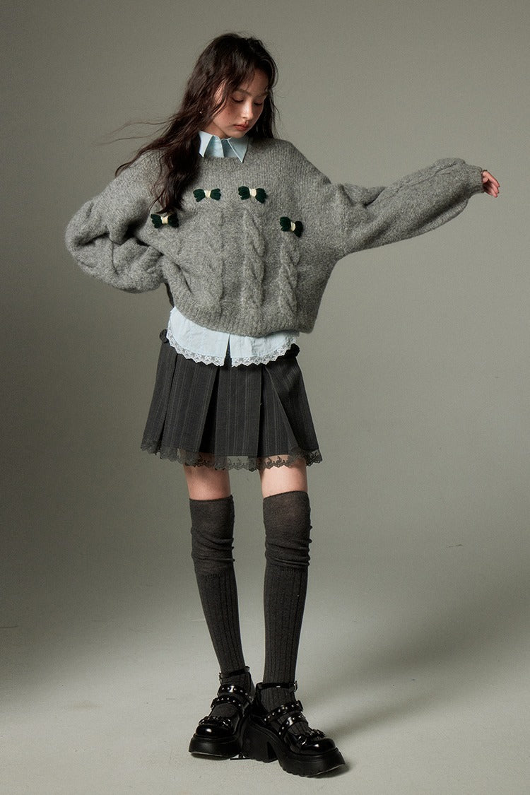 KNIT CREWNECK CABLE BOW SHIRT