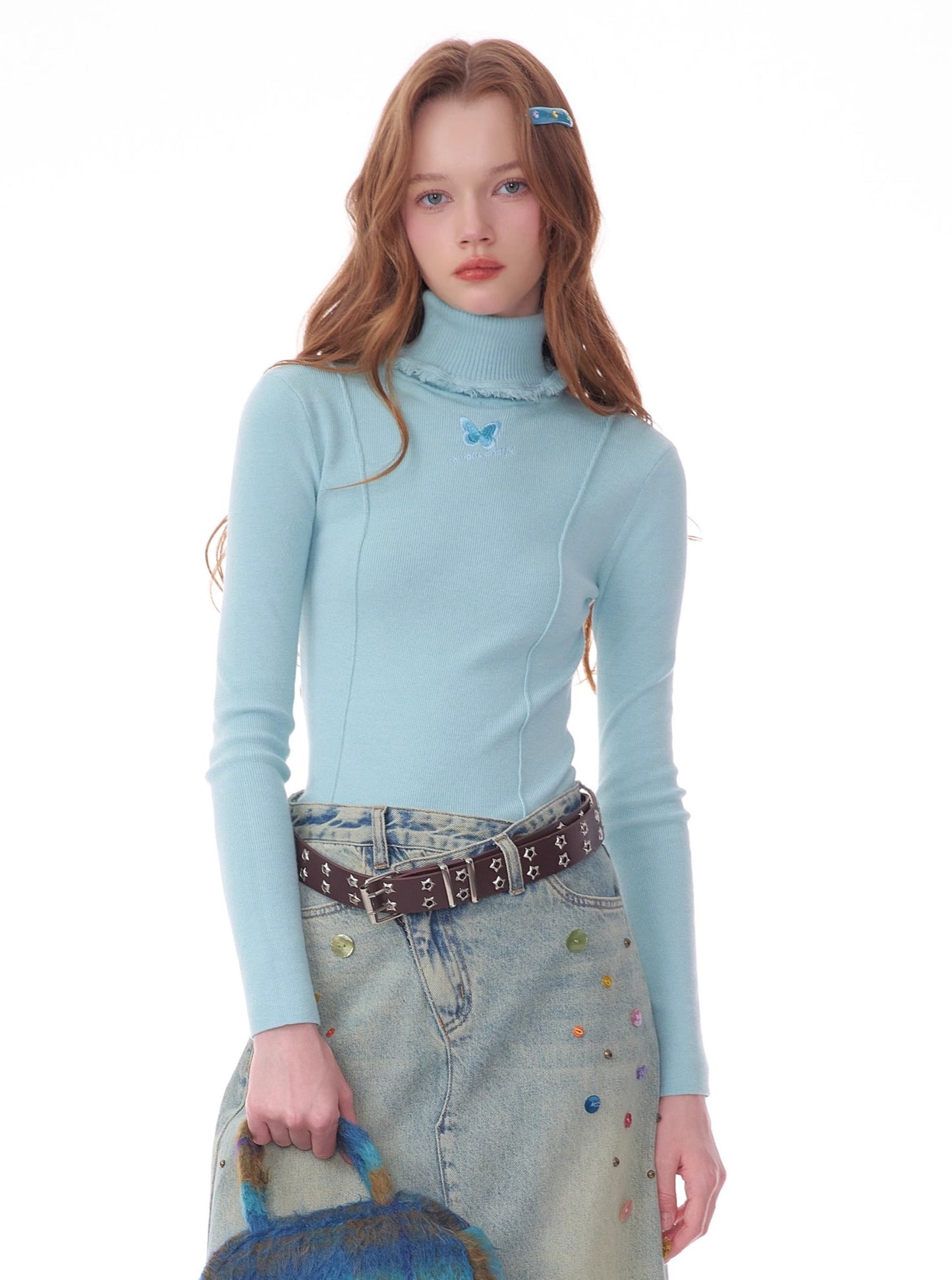 Butterfly embroidery slim thin knitted base shirt