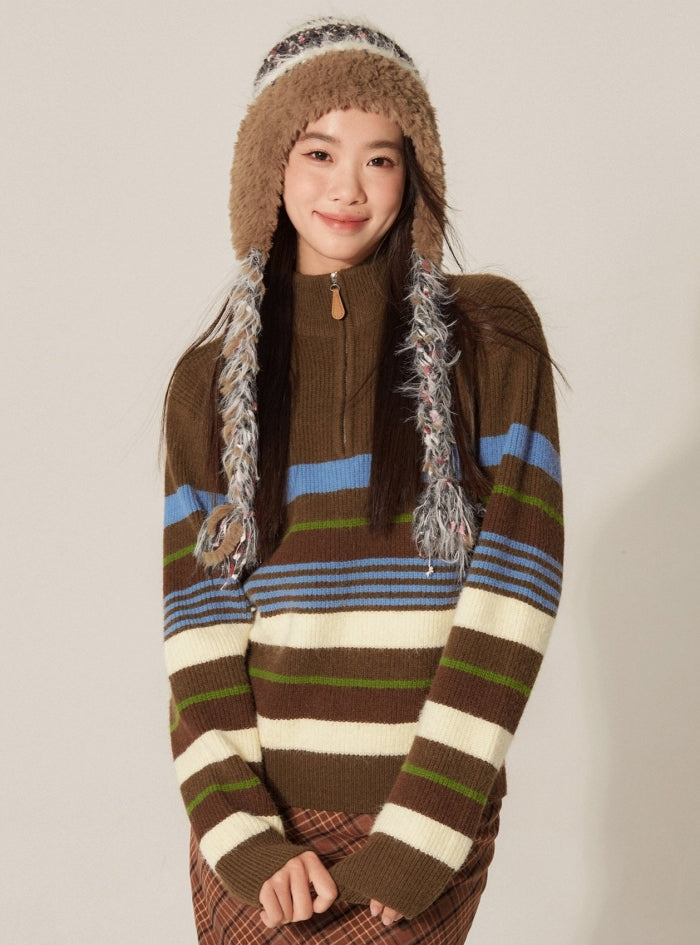 Retro Half-Zip High Neck Contrasting Striped Sweater