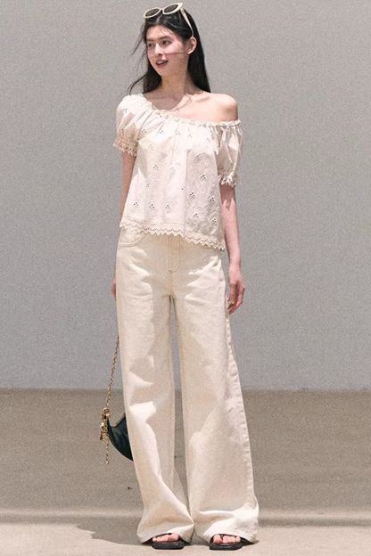 Washed Wide-Leg Lace Pants